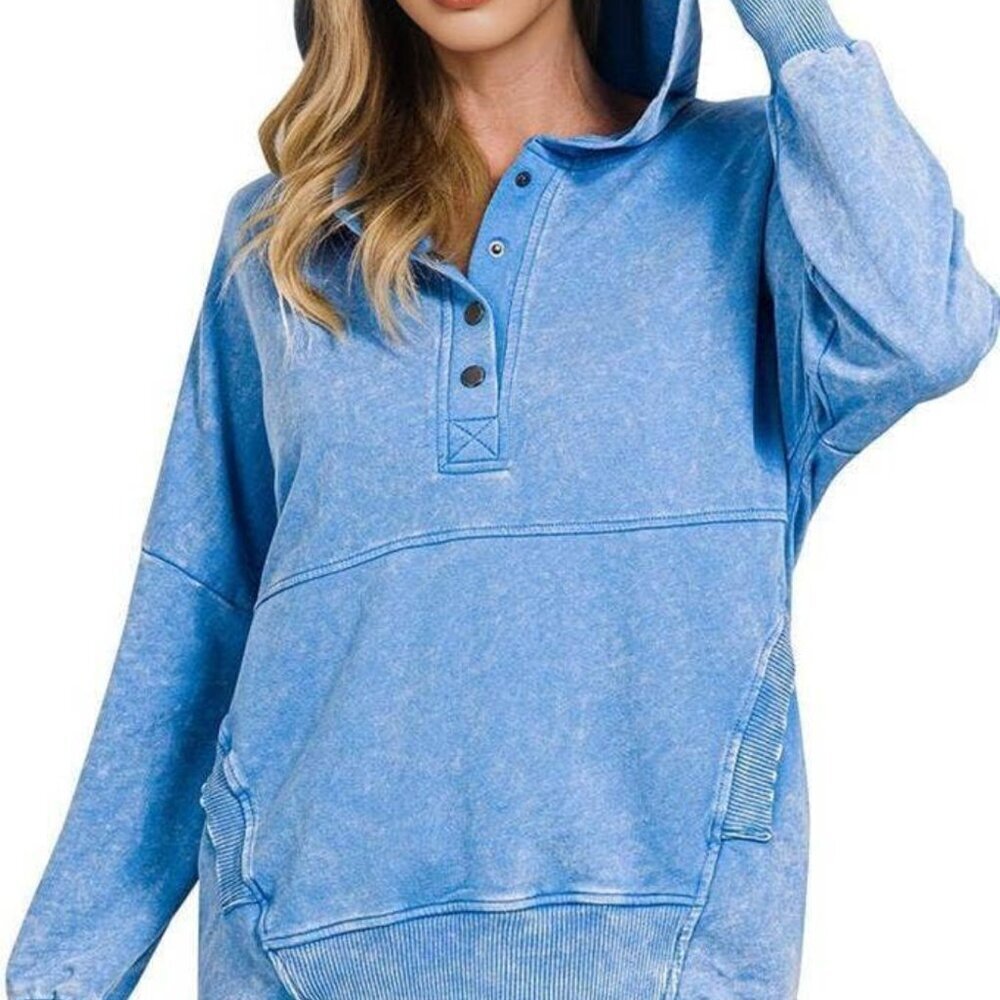 Zenana Blue Acid Wash Hoodie with a Kangaroo Pocket